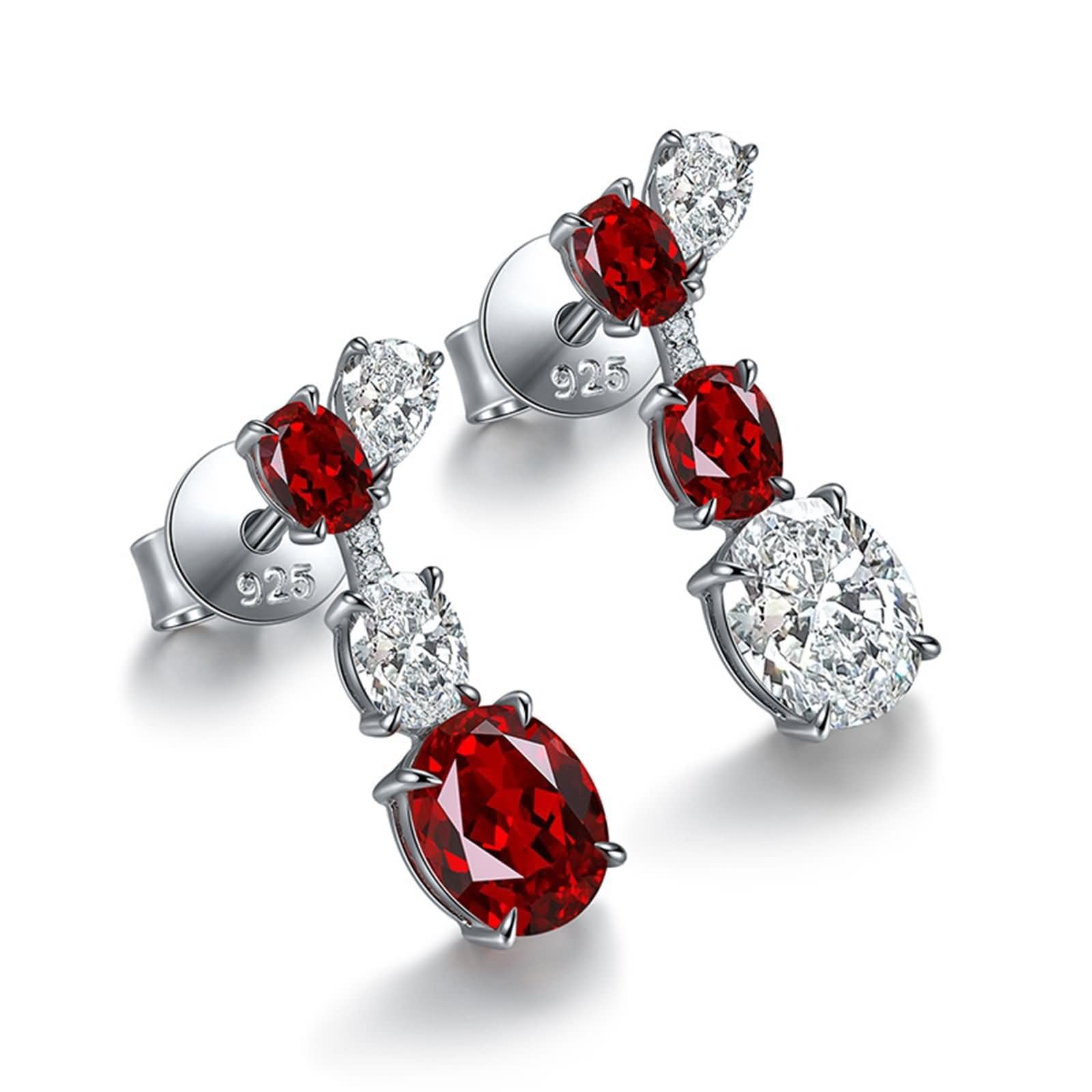 Ohrringe Hochzeit Damen 9K / 14K / 18K Weißgold, Oval mit Erstellter Rubin 1,916 Karat und Moissanit, Frauen Ohrringe Ohrstecker Silber Rot