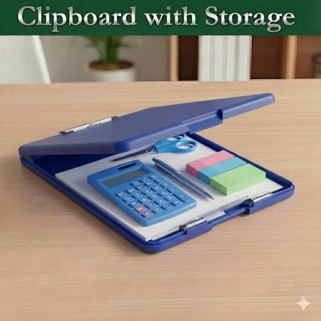 Yajnas Clipblock/Klemmbrett mit integriertem Ablagefach und Stifthalter - strapazierfähiger, leichter Schreibblock mit Schnappverschluss - ideal für Büro, Schule, Feldarbeit (Dunkelblau)