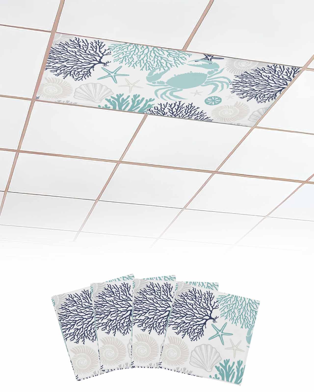EwdeWwo Ocean 4 Pcs Fluorescent Light Covers for Ceiling Lights, Teal Navy Crab Coral Starfish Magnetic Light Filters for Eliminate Harsh Glare Classroom Office Decoration, 4 x 2 Ft