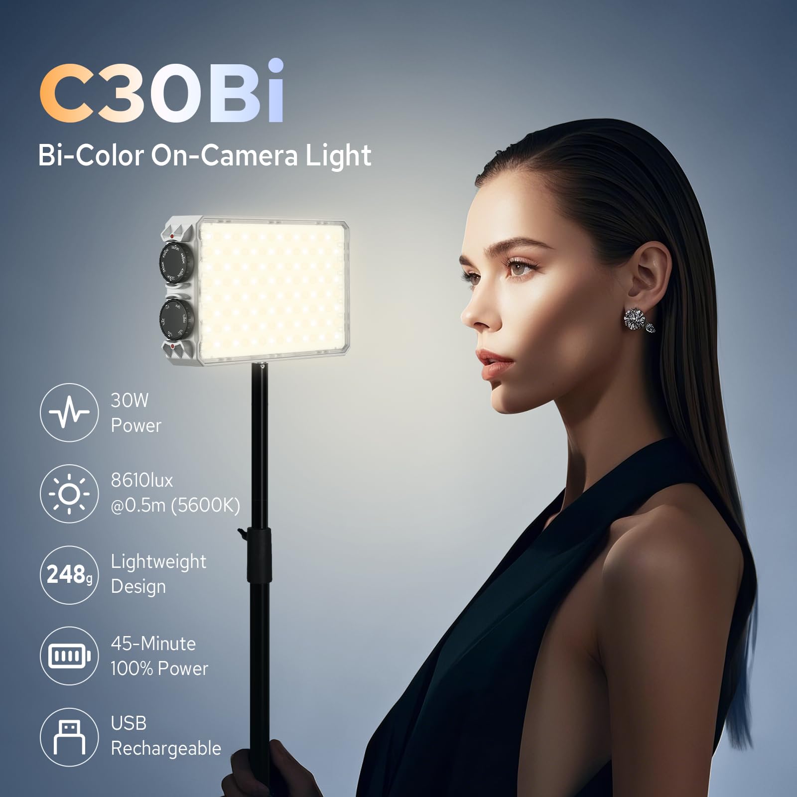 Godox Litemons C30Bi LED Panel de Luz, Bi-Color Portátil Luz Continua para Cámara 2800K-6500K con Batería, Luz LED Fotográfica para Grabación de Vídeo y Streaming en Directo