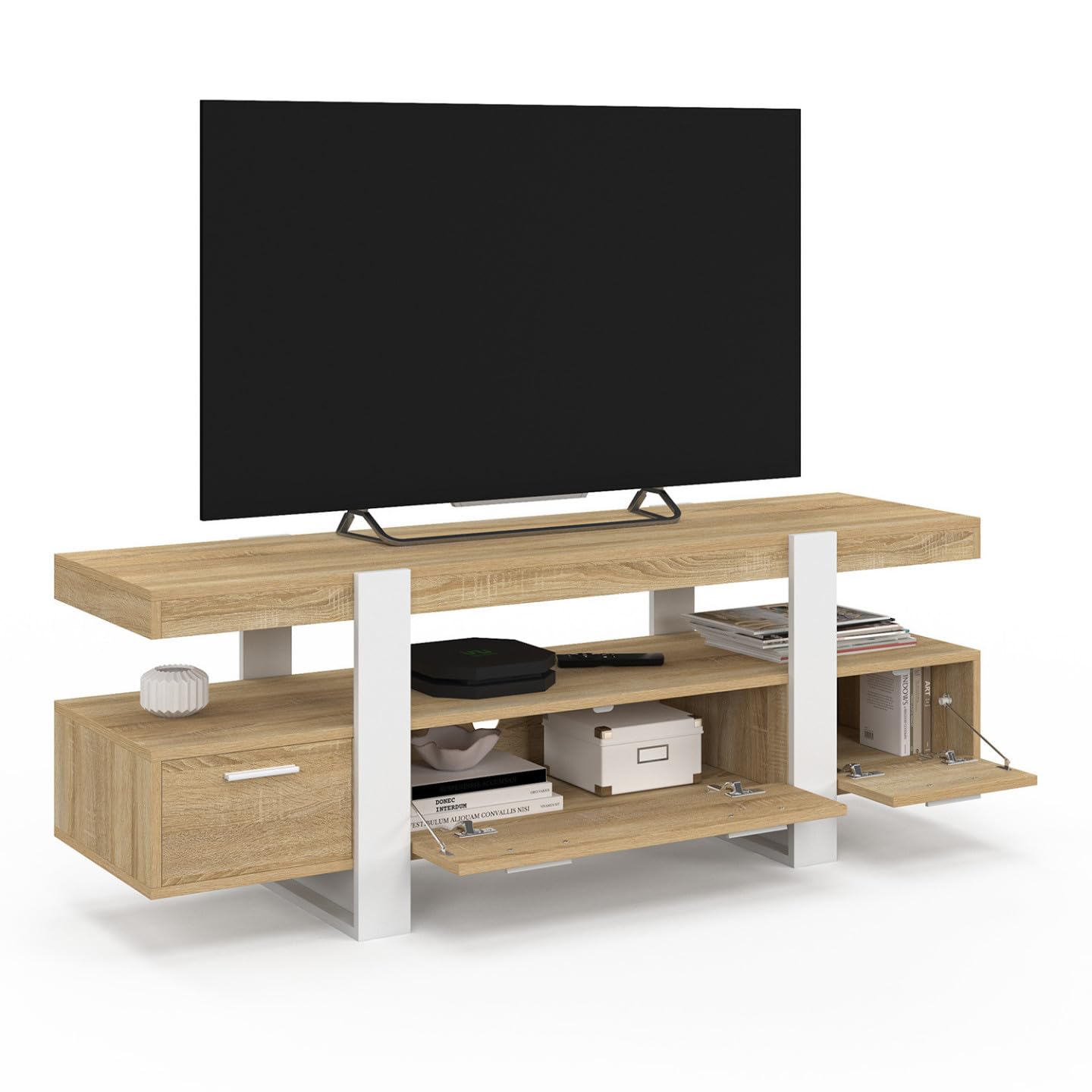 IDMarket - Meuble TV 140 cm Phoenix avec tiroirs Bois et Blanc