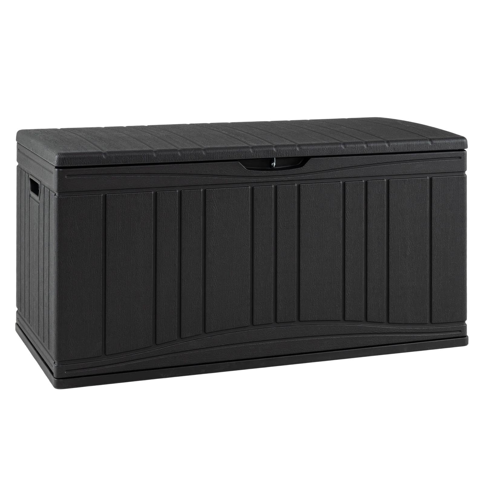 GiantexUK 300L Garden Storage Box, Waterproof Deck Boxes with Lockable Sit-on Lid, Gas Strut & Handles, Wood Effect Outdoor Utility Chest Container for Patio Cushions Garden Tools (Black, 300L)