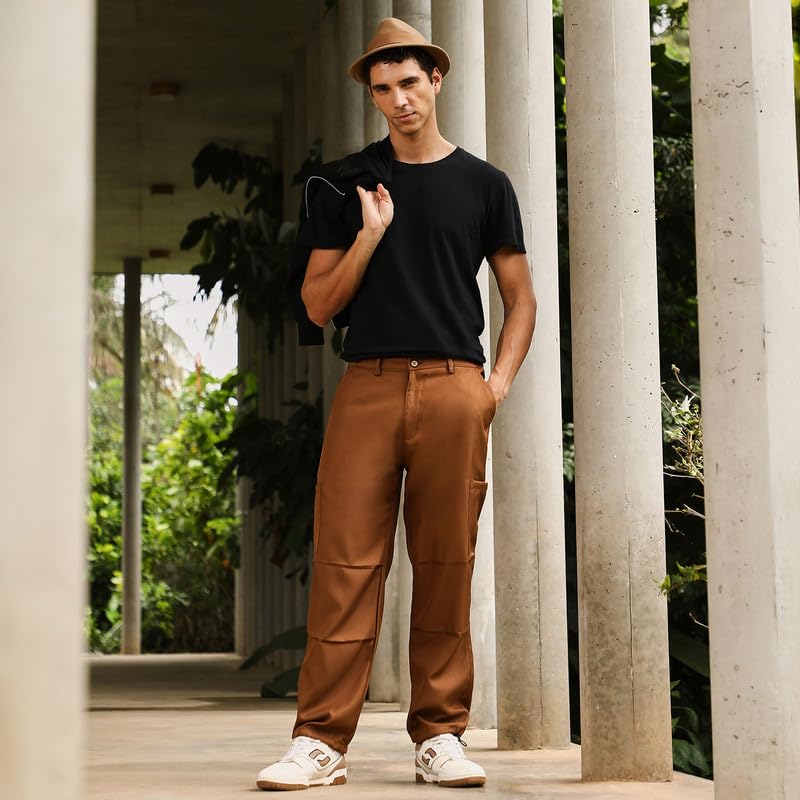 Image of CAHOOT Men Trousers | Mid-Rise, Side-Elasticaed Stretch | Button, Straight Hem | Solid Twill | Woven Fabric for Casual & Street Wear | Russet Brown
