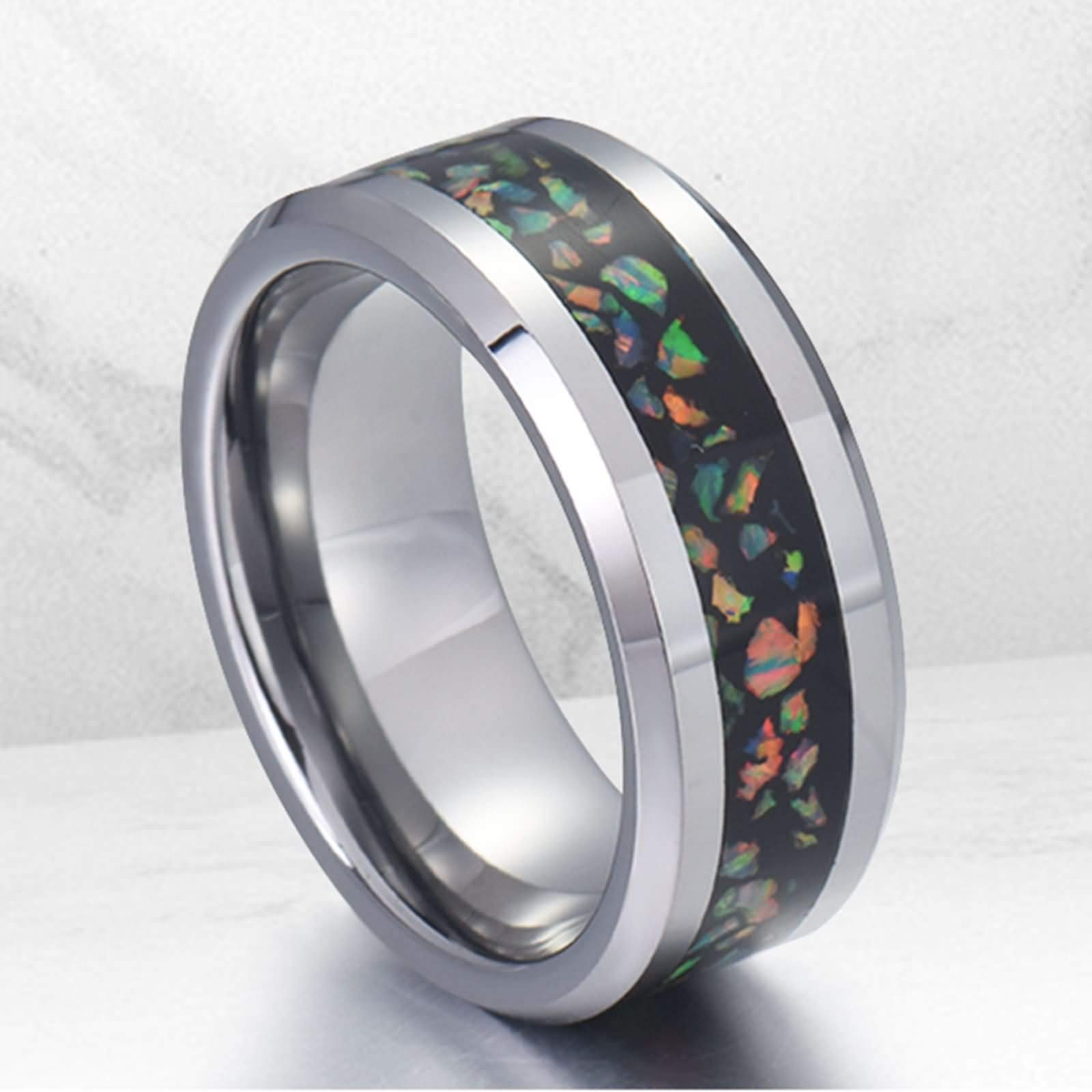 Anello Uomo Fascia Larga Acciaio Creato Anello Opale per Le Uomo Anello Uomo con Incisione 8MM Anello Acciaio Argento Misura 12-31