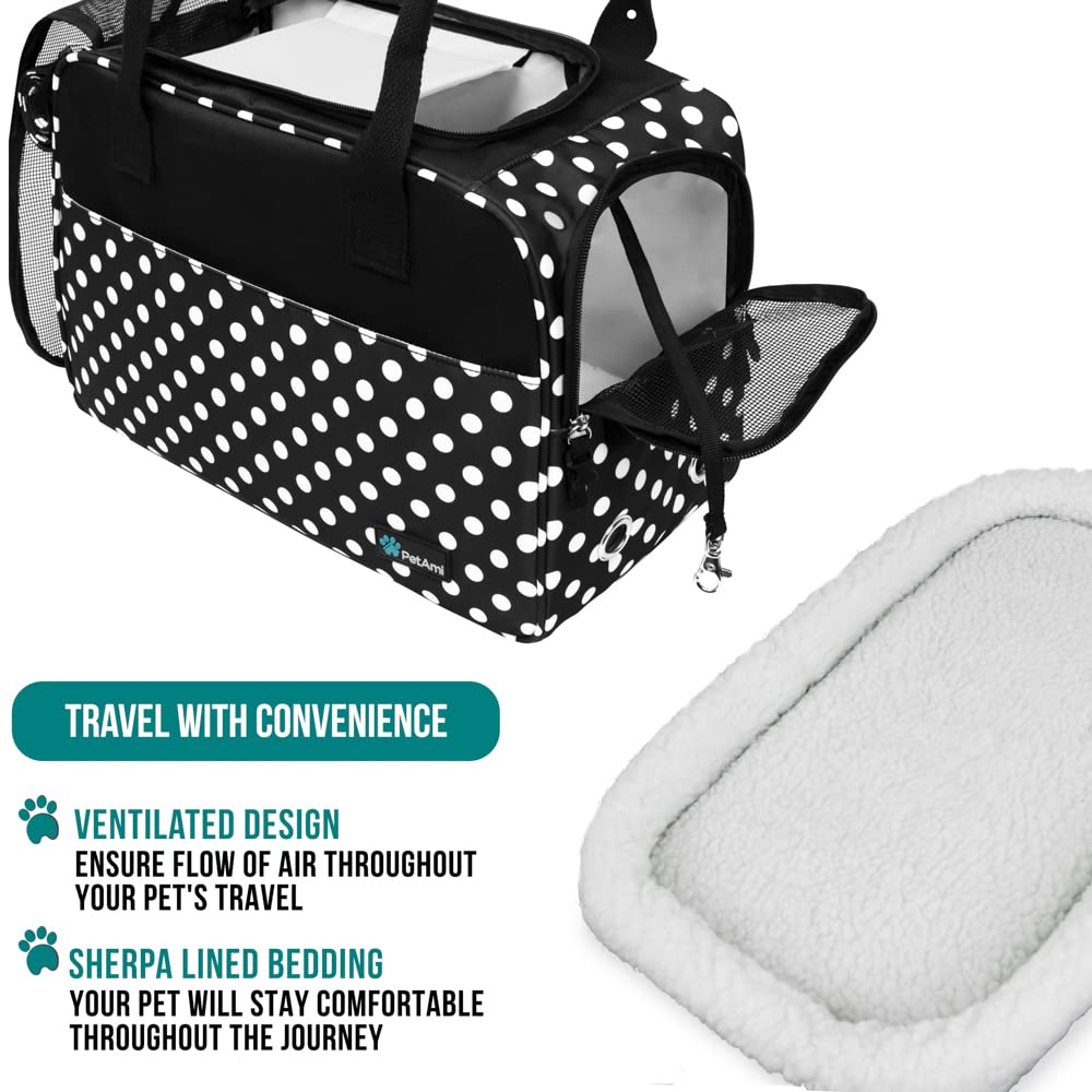 PetAmi Airline Approved Dog Purse Carrier | Soft-Sided Pet Carrier for Small Dog, Cat, Puppy, Kitten | Portable Stylish Pet Travel Handbag | Ventilated Breathable Mesh, Sherpa Bed (Polka Dot Black)