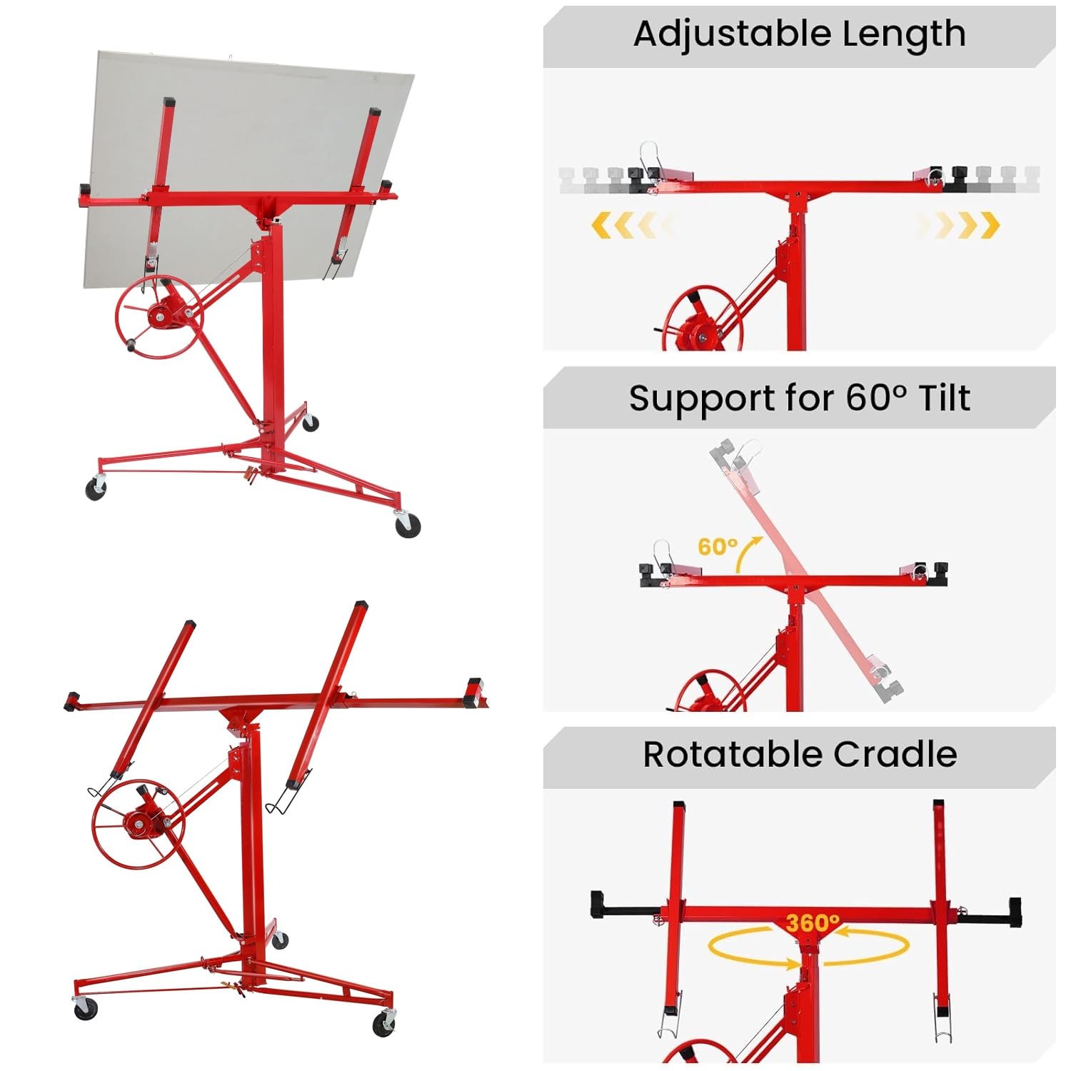 XXL Plattenheber,Plattenheber Klappbar für Trockenbau und Rigipsplatten, Plattenlift bis 68 kg Höhe 140-350 cm 3 Räder mit Feststellbremse,Rigips Werkzeug für Innenausbau