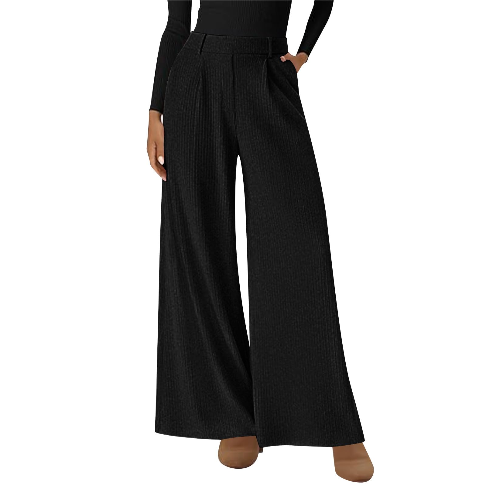 Corduroy Wide Leg Pants Woman High Waisted Work Office Business Casual Pants Soft Loose Trendy Trousers with Pockets