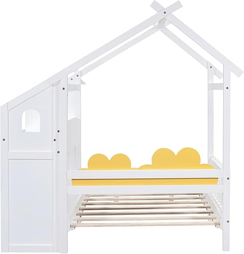 Miniatura 194 de Cama de casa de tamaño individual con 2 cajones, marco de cama de madera y barandilla de seguridad. Ahorra espacio, ideal para el dormitorio de un