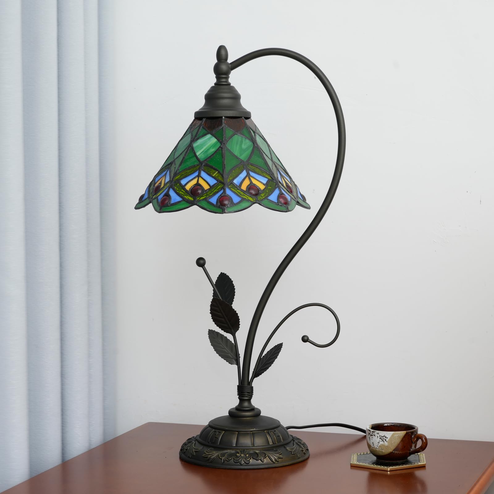 Lampa stołowa Tiffany Zielony ogon pawia Witrażowa lampa w stylu Tiffany S Liście Vintage Lampa biurkowa do sypialni, salonu, biura, akademika, jadalni
