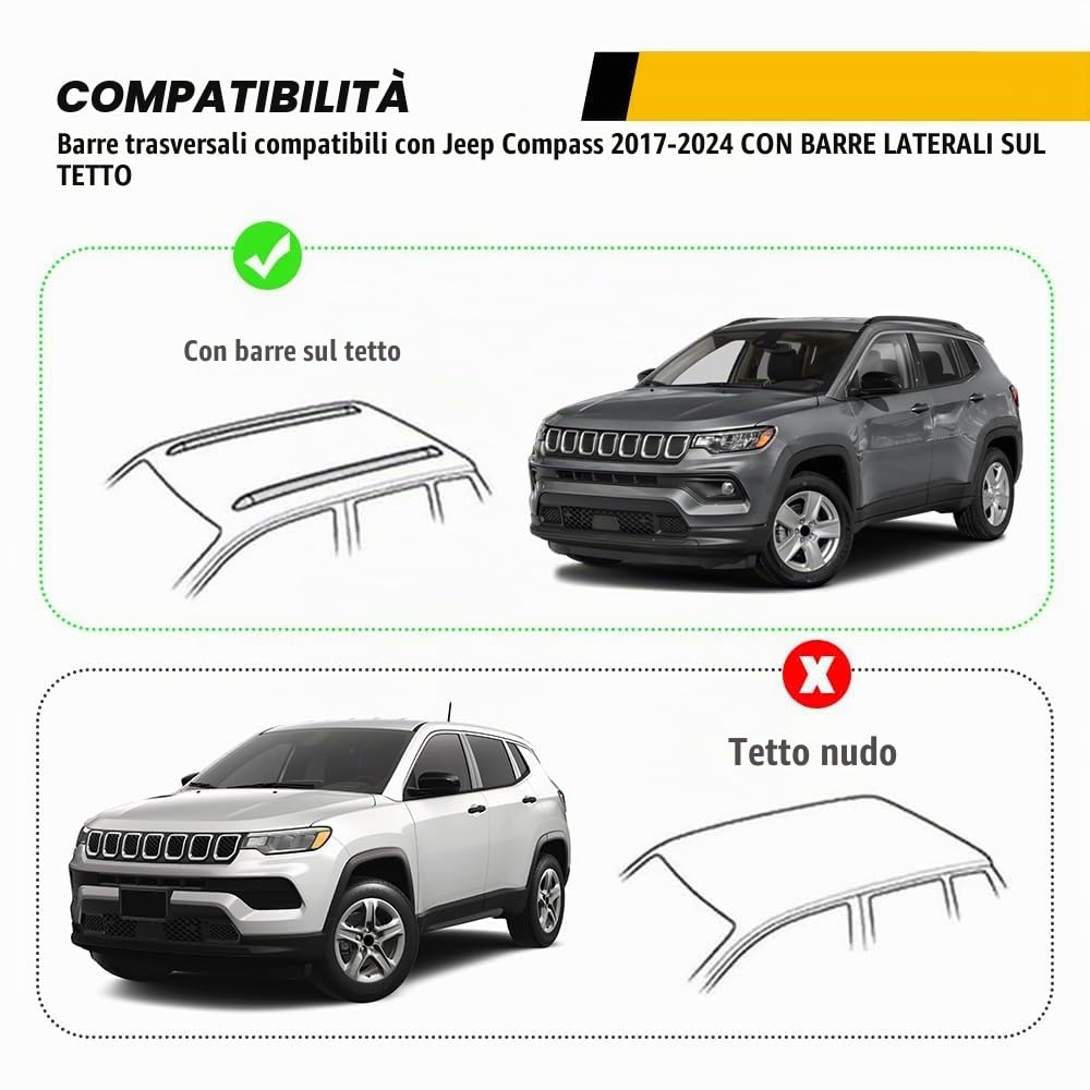 2 Pezzi Auto Barre Trasversali Portapacchi da Tetto per Jeep Compass 2017-2024, Barre Portatutto in Alluminio Bagagli Trasporto Portabagagli Auto Accessories