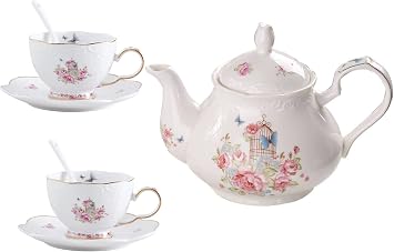 YBK Tech Strength Porcelain Coffee Pot Ceramic Teapot- Pink Rose Teapot+ 2 Sets of Cup and Saucer