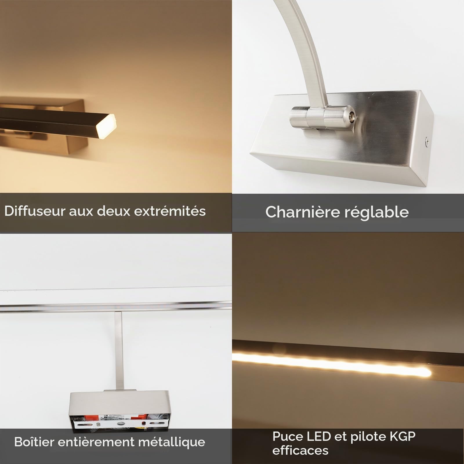 Alpinaluz Applique murale LED pour éclairage de tableaux, miroirs et meubles, 8 W, 45 cm, lumière chaude 2 700 K, angle réglable, acier avec finition nickel satiné, driver KGP intégré