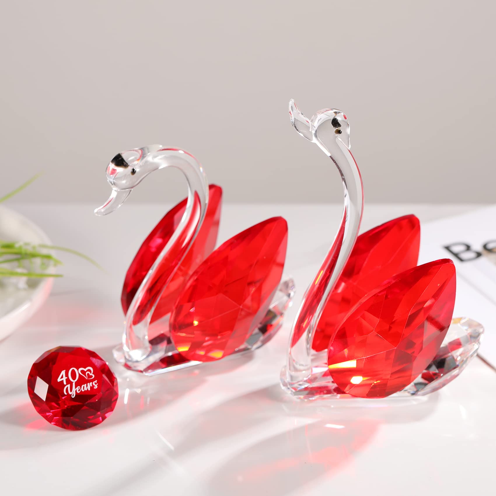 Set di 2 cigni rossi in cristallo per 40° anniversario, regali di nozze per genitori, animali in vetro, statuette da collezione per 40 anni di matrimonio, ornamento unico per la decorazione della casa