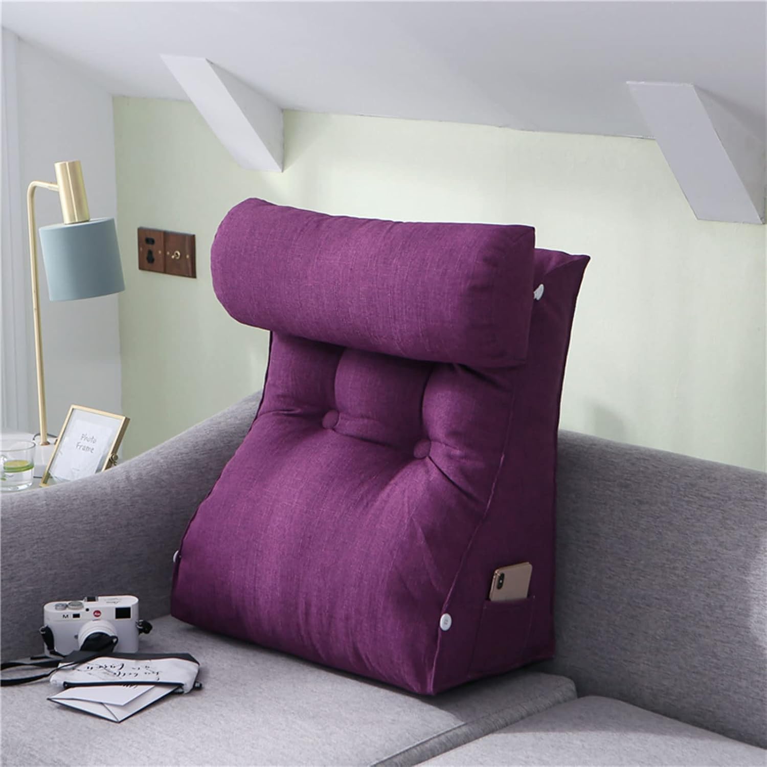 Wedge Pillow Deluxe Reading Pillow Decorative Reading Pillow Triangular TV Pillow Lumbar Pillow Bed Rest Pillow, Great for Reading Or Gaming On The Bed/Sofa/Floor (Ice Silver 55×60×30 CM)