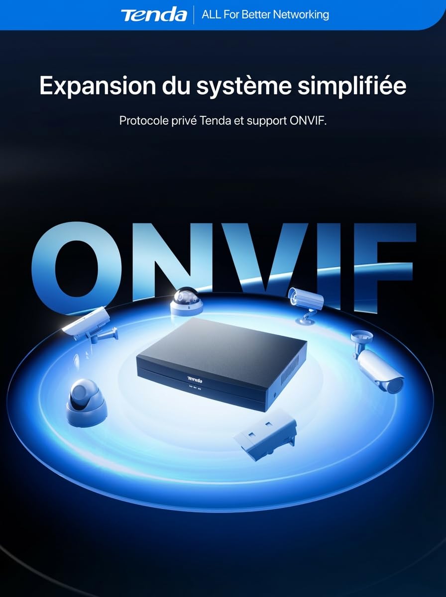 Tenda TN3108-8P NVR Système de Surveillance 4K, Enregistreur 8CH PoE, Transmission 250m, H.265+, Plug and Play, Disque Dur (jusqu‘à 10To)/Stockage Cloud, Protection Foudre 4KV, App Contrôle à Distance