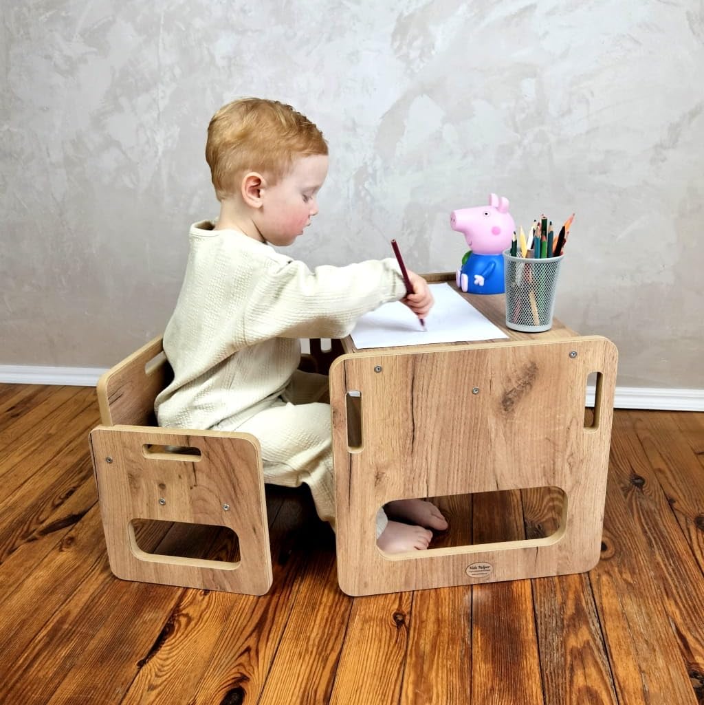 Kids Helper Kindertisch mit Stuhl – erste Montessori Sitzgruppe aus laminiertem MDF, Tisch 40 x 38 x 36 cm, Sitzhöhe 15 cm, für ca. 1–3 Jahre, Eiche, TB-330