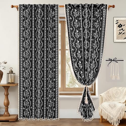 Image of Yinhua Boho Curtains for Living Room 84 Inch Length Vintage Linen Curtains for Bedroom Light Filtering Floral Window Curtain Rod Pocket & Back Tabs Rustic Tassel Drapes with Tiebacks, Black