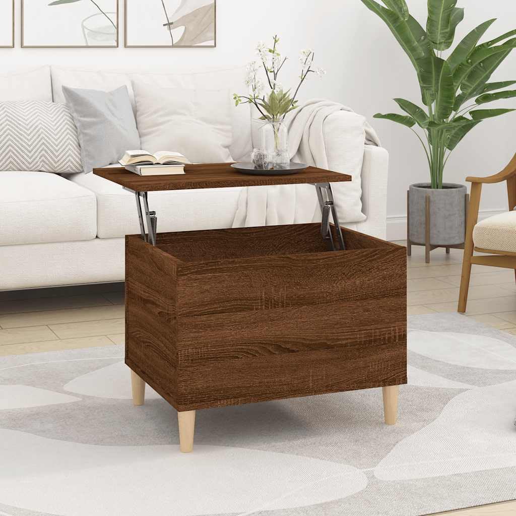 Stolik kawowy brązowy o wyglądzie dębu, 60 x 44,5 x 45 cm, materiał drewnopochodny, z regulacją wysokości, z miejscem do przechowywania, eleganckie meble do salonu, stolik pomocniczy, stolik