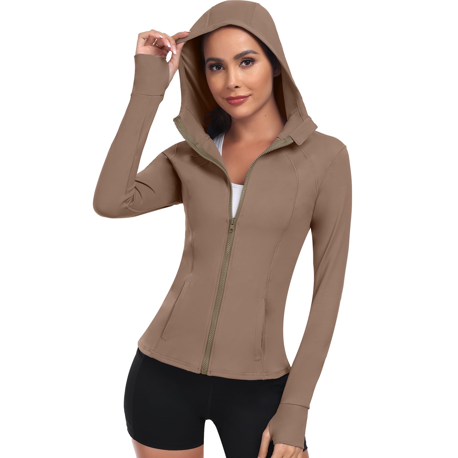 Zyrulix Women's Hooded Athletic Full Zip Workout Jacket With Pockets Running Slim Fit Yoga Sportwear With Thumb Holes