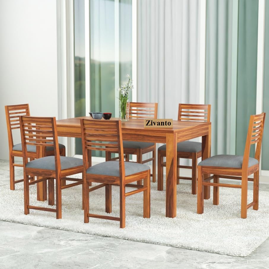 Image of Sheesham Wood Dining Table 6 Seater | Rectangle Six Seater Dinning Table with 6 Grey Cushion Chairs for Home | Kitchen Dinner Table 6 Seater | Dining Room Sets for Restaurants | Teak Finish