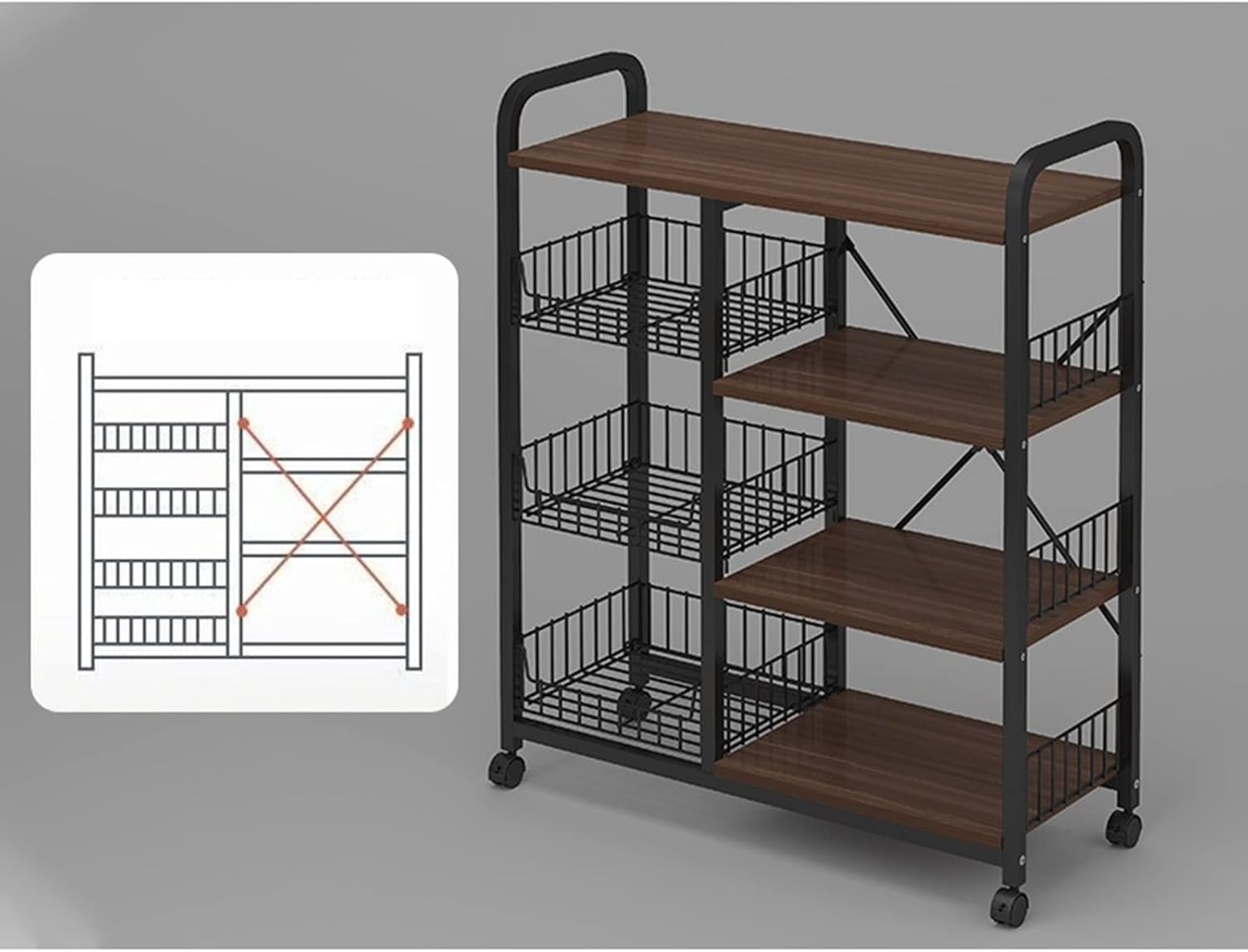 Kitchen Storage Rack with Wheels Microwave Oven Stand Storage Cart with Wire Basket Metal Frame Utility Shelves Blanc Color Ideal for Bakers and Cooks,Black-M