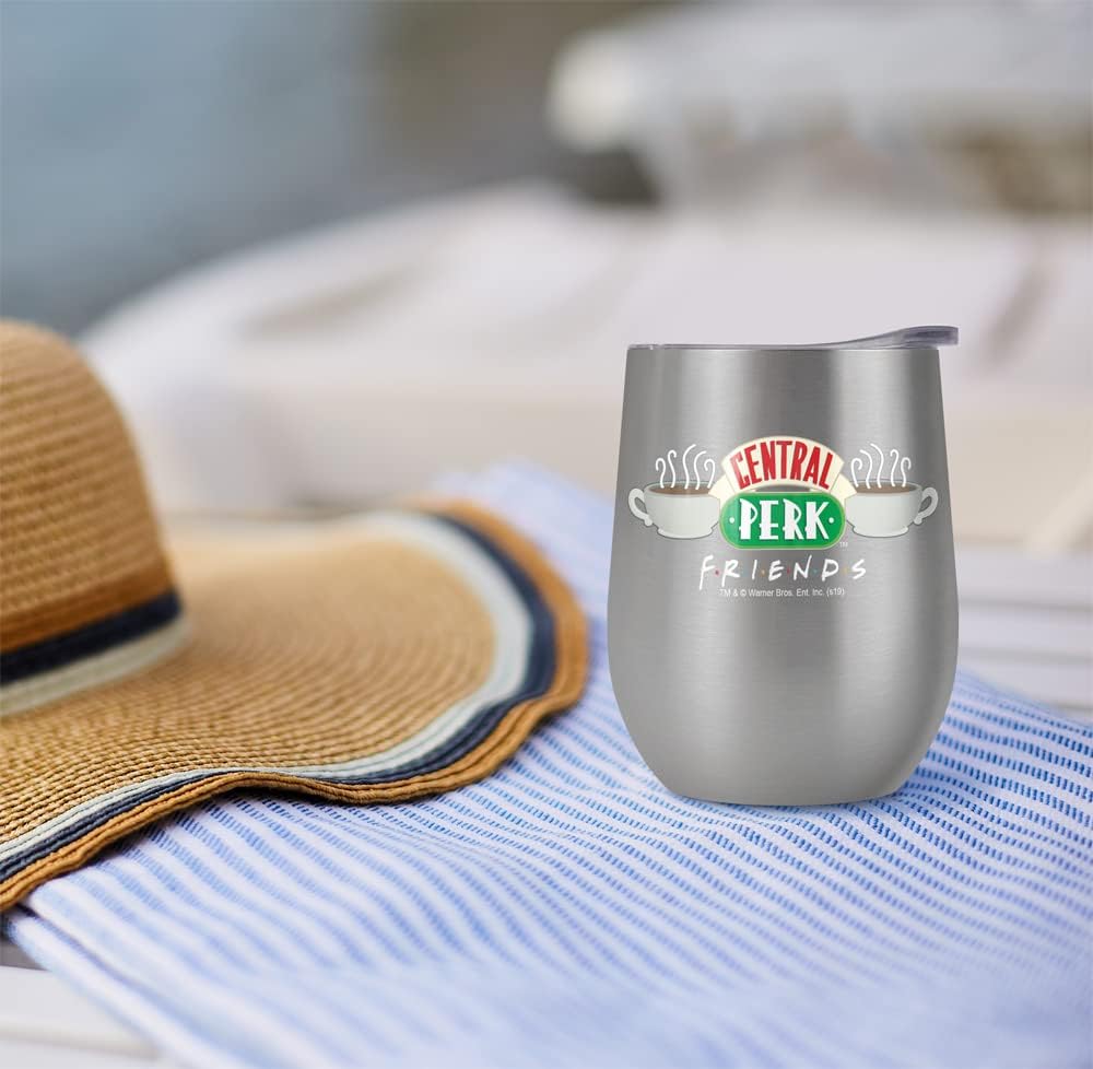 Friends OFFICIAL Central Perk Coffee Logo 12 OZ Stemless Wine Tumbler, Stainless Steel Travel Cup|Lake Tumbler|Insulated with Leak Resistant Slide-Lock Lid, Stainless Steel
