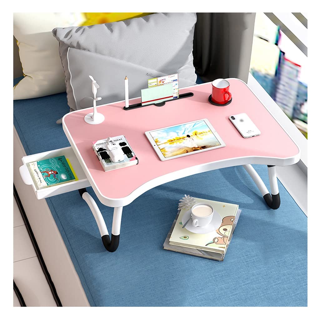 Nowoczesne przenośne biurko na laptopa, gniazdo na karty, uchwyt na kubek, port USB/szuflada, stół, łóżko, sofa, jedzenie, pisanie, składany stół (różowy 60 cm)