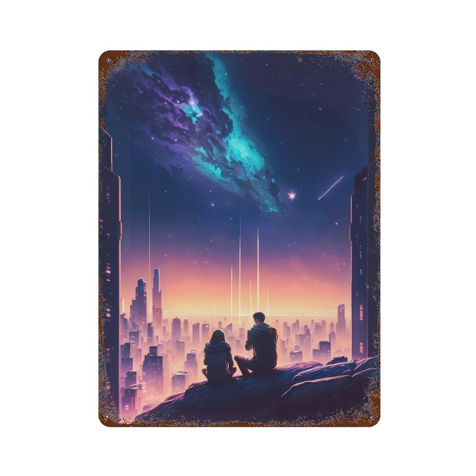 Anime City Sunset Rusty Metal Tin Sign 15.7"x11.8", Classic Wall Plaque for Pub, Kitchen And Man Cave Decor