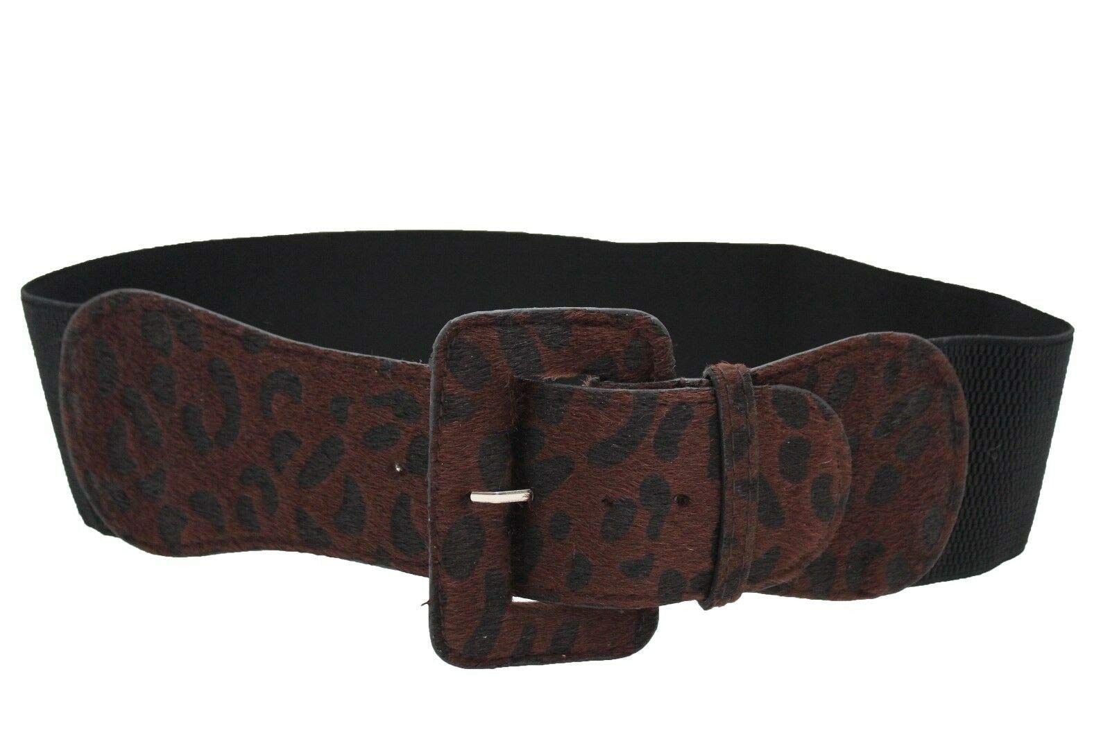 TFJ Women Elastic Wide Belt Hip High Waist Leopard Square Buckle XS S M Brown Black