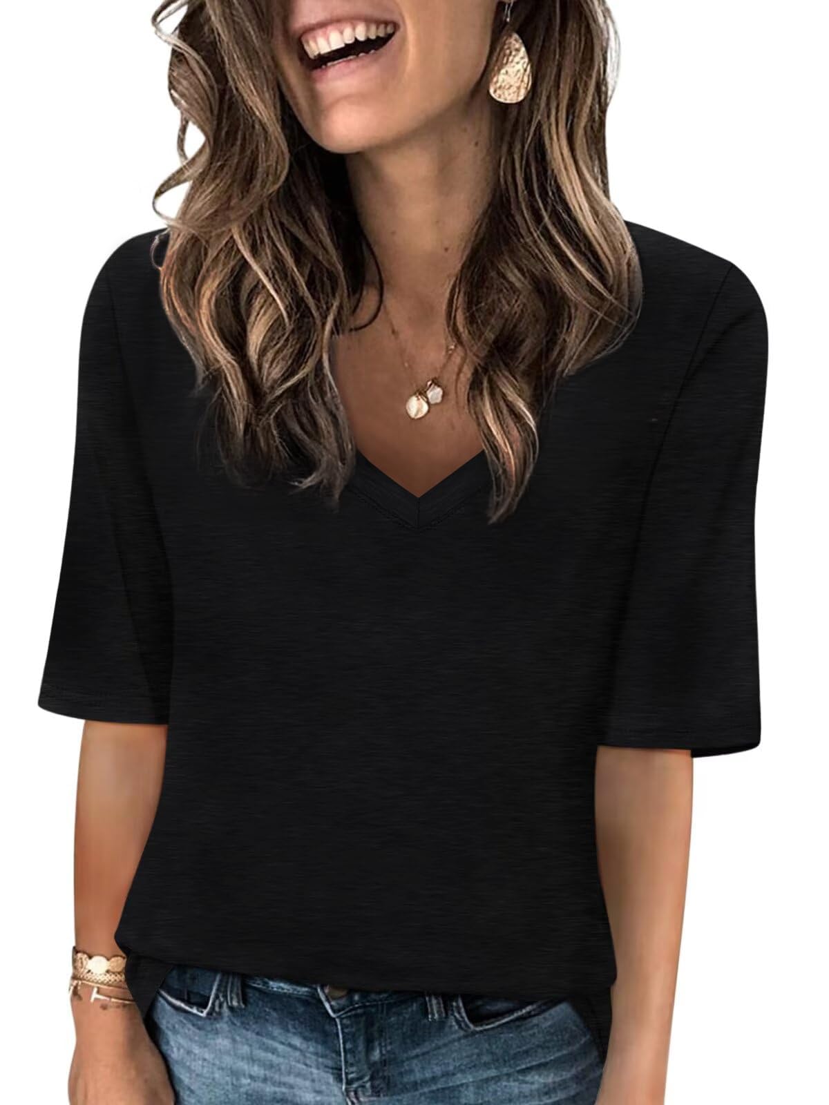 AirMood Damen-T-Shirt, V-Ausschnitt, Sommer, lässig, halbe Ärmel, lockere Passform, T-Shirt