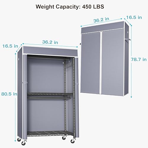 Miniatura 5 de FUTASSI Perchero negro con cubierta gris, armarios con ruedas P1C, perchero de metal para colgar ropa, armario de almacenamiento de ropa, 36.2