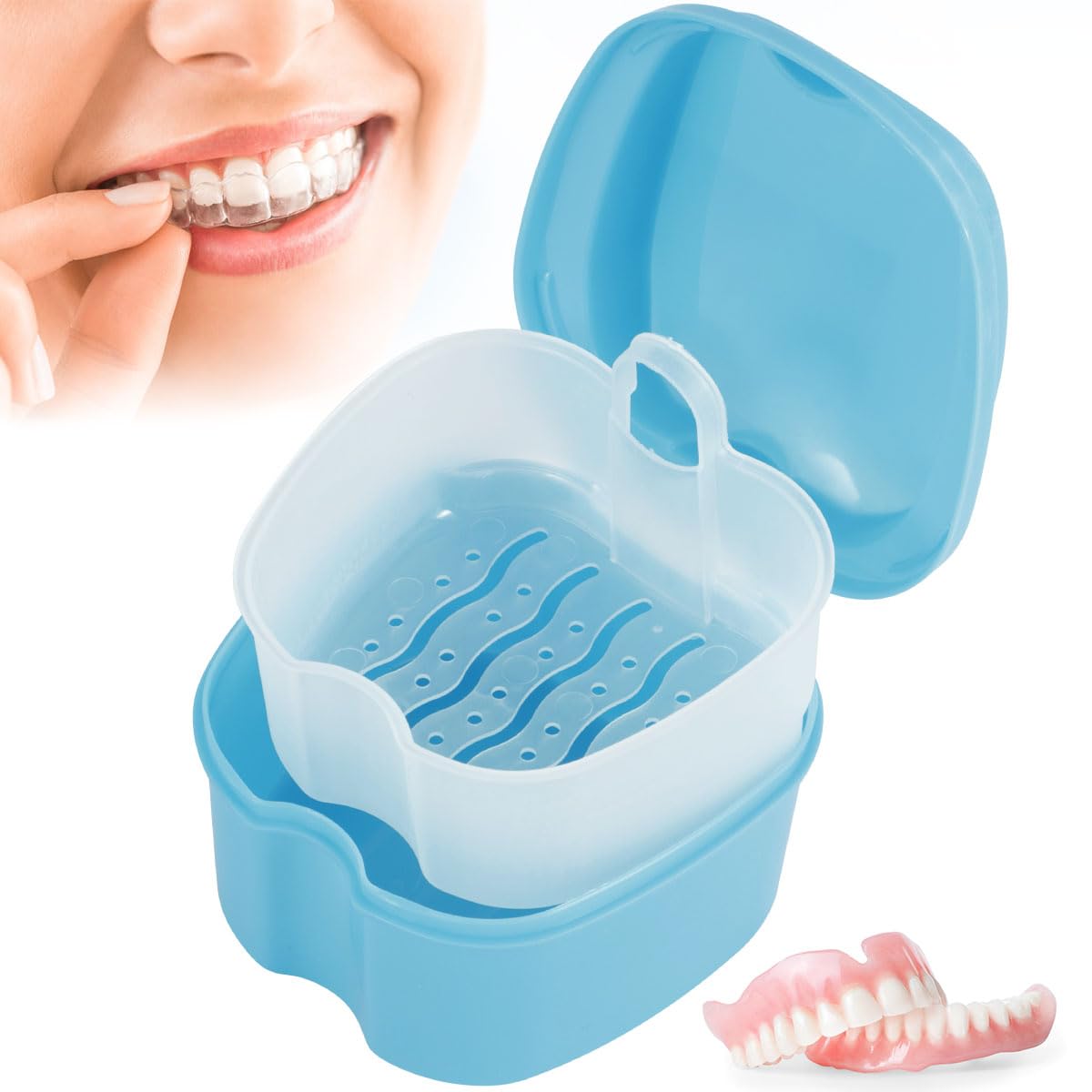 SAEHAEYEE Denture Case Denture Bath Box False Teeth Storage Box with Rinsing Basket Portable False Teeth Storage Case Orthodontic Dental Retainer Box for False Teeth Storage Soaking Cleaning (Wathet)