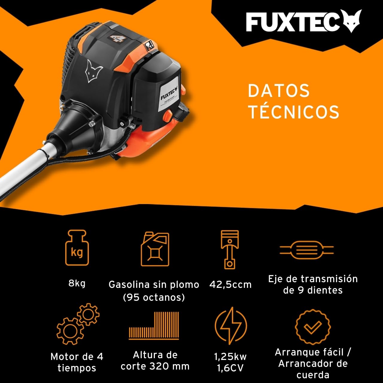 Desbrozadora Gasolina Fuxtec FX-4MS142-42,5cc, Multiherramienta 2 en 1 y Motor de 4 Tiempos - Cómodo Cortasetos, Correa, Cuchilla de 3 Dientes y Carrete de Doble Hilo incluidos