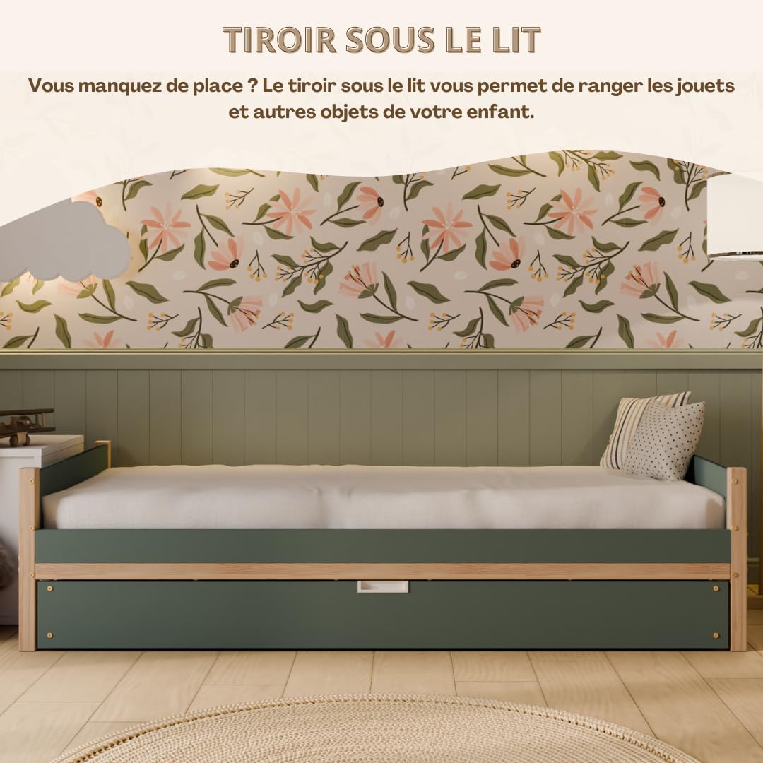 Lit Enfant 90x190 cm – Lit Classique en Bois Composite (LHDF), Vert Forêt, Pieds en Pin Massif, Tête/Pied de Lit, avec Tiroir de Rangement– Montage Facile – Crazy Axel