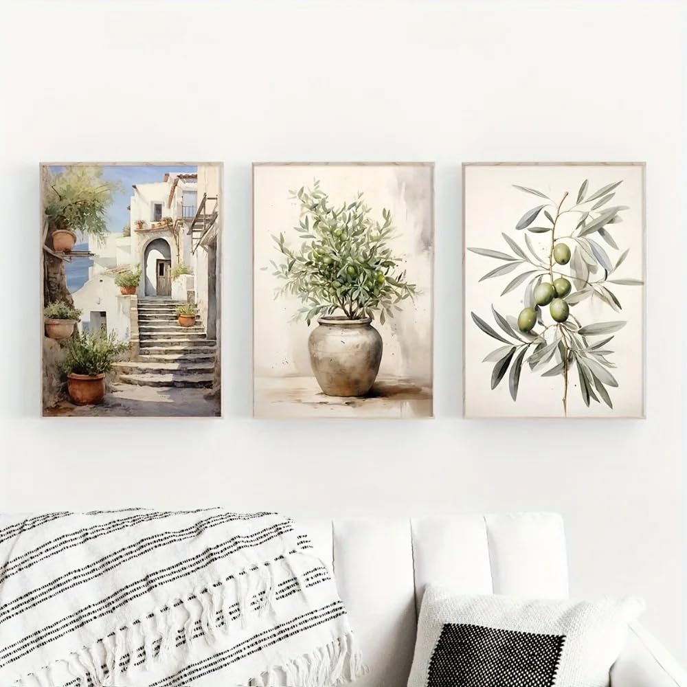 Dittelle Canvas Poster, Vintage Art Print Mediterranean Olive Tree, Nature Landscape, Wall Art Canvas Painting, Bedroom Decor(40x50cm/3PCS Frameless)