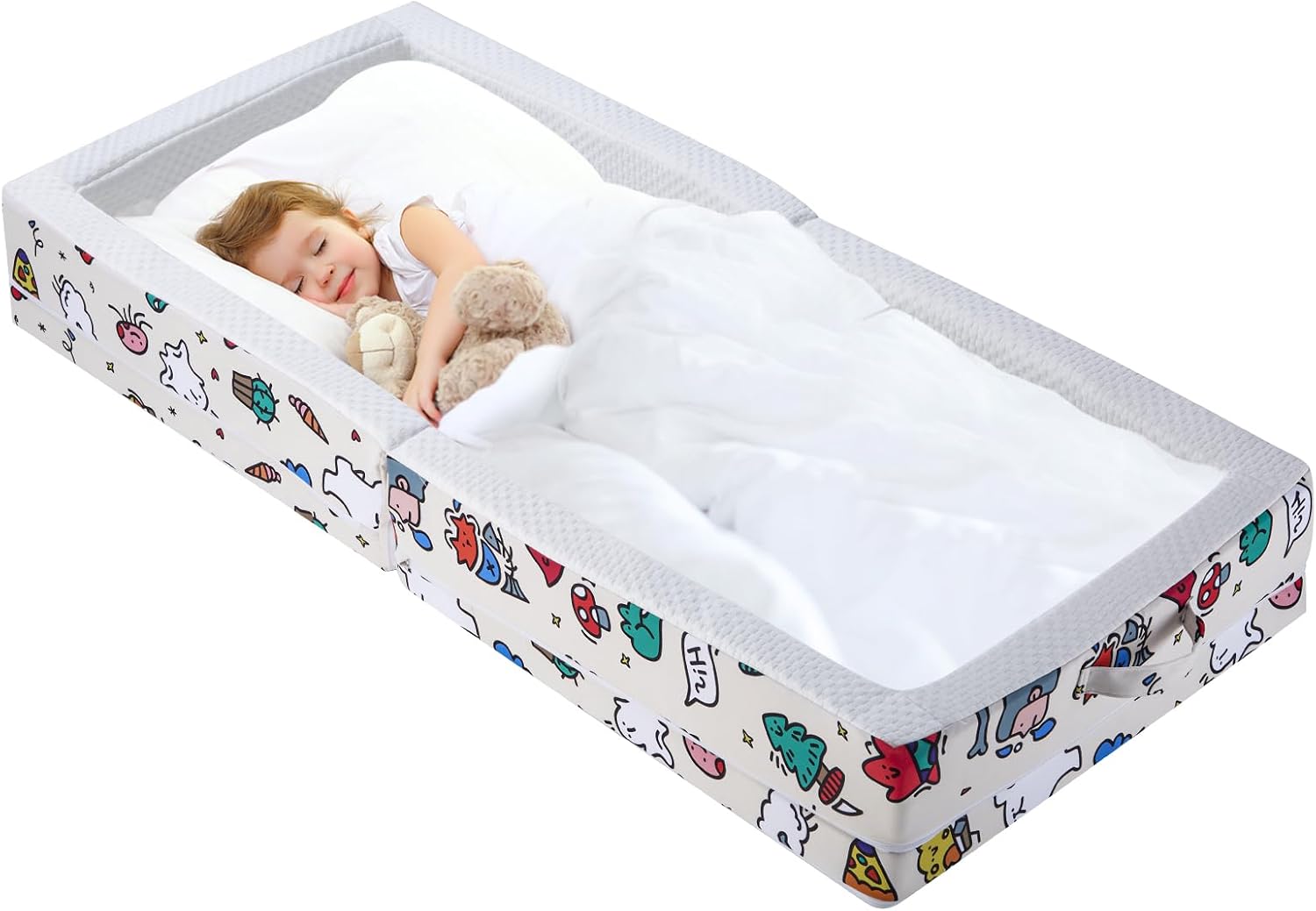 Portable Foldable Toddler Travel Bed – Air Layer Fabric Soft Foam Floor Crib with Safety Rails, No Assembly, Washable Cover, Compact Kids Sleep Solution for Home, Trips & Daycare, Cream