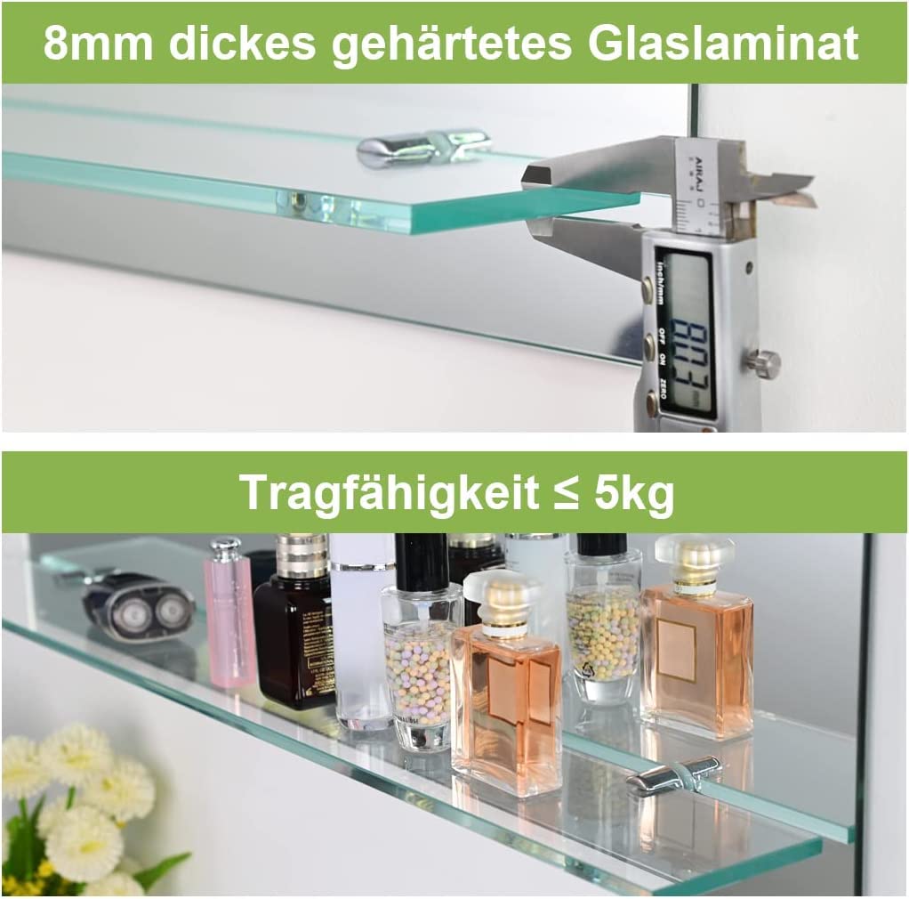 S'AFIELINA Badspiegel mit Ablage 45x60 cm – Wandspiegel Rahmenlos ohne Licht, HD Badezimmerspiegel mit Glasablage, Gäste-WC Kristallspiegel, Wandmontage