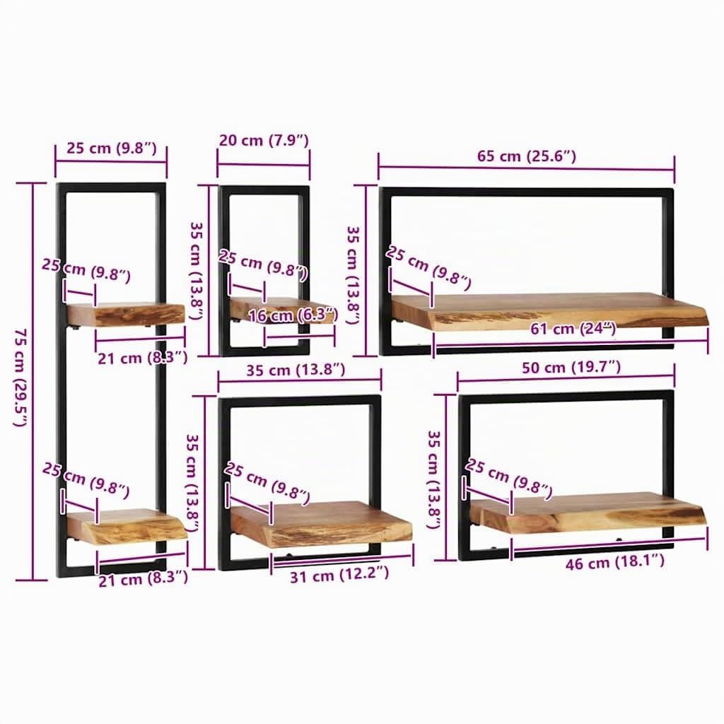vidaXL Acacia Set Estantes Pared 5 Pzas Madera Estantería Repisas Organizador