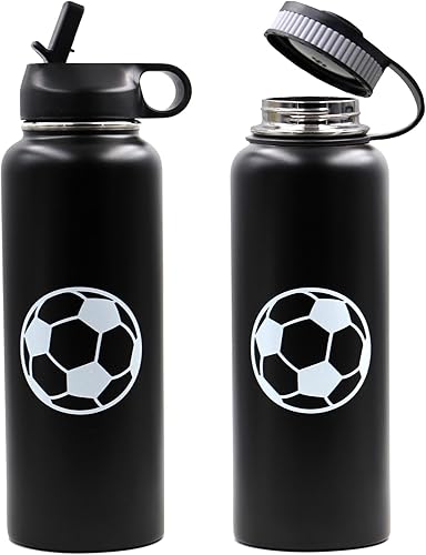 Miniatura 5 de Botella de agua de fútbol de 40 onzas, vaso deportivo de viaje de metal con 2 tapas, acero inoxidable sin BPA de doble pared aislada al vacío