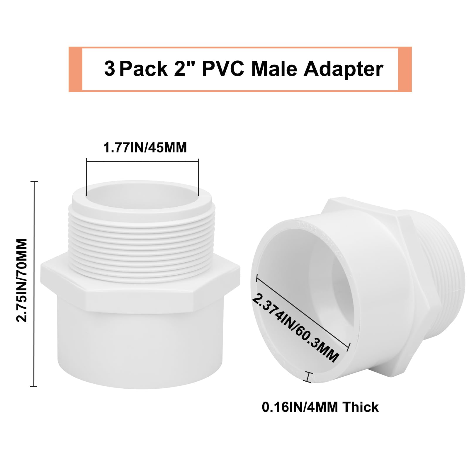 3x PVC-Adapter 2 Zoll – Schlauchkupplung Mit Außengewinde, Weiß