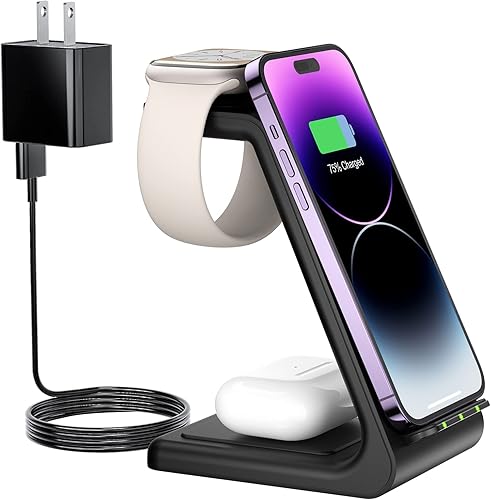 Earteana - Estación de carga para múltiples dispositivos iPhone, base de carga inalámbrica rápida 3 en 1 para Apple Watch 9, 8, 7, 6, SE 5, 4, 3, 2,