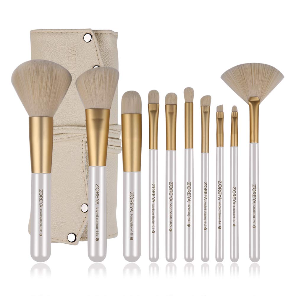 ZoreyaMakeup Brushes 10pcs Gold- Premium Quality Non Animal Cruelty Cosmetic Makeup Brush Set with Vegan Leather Make up Organizer Storage Brush Holder Case
