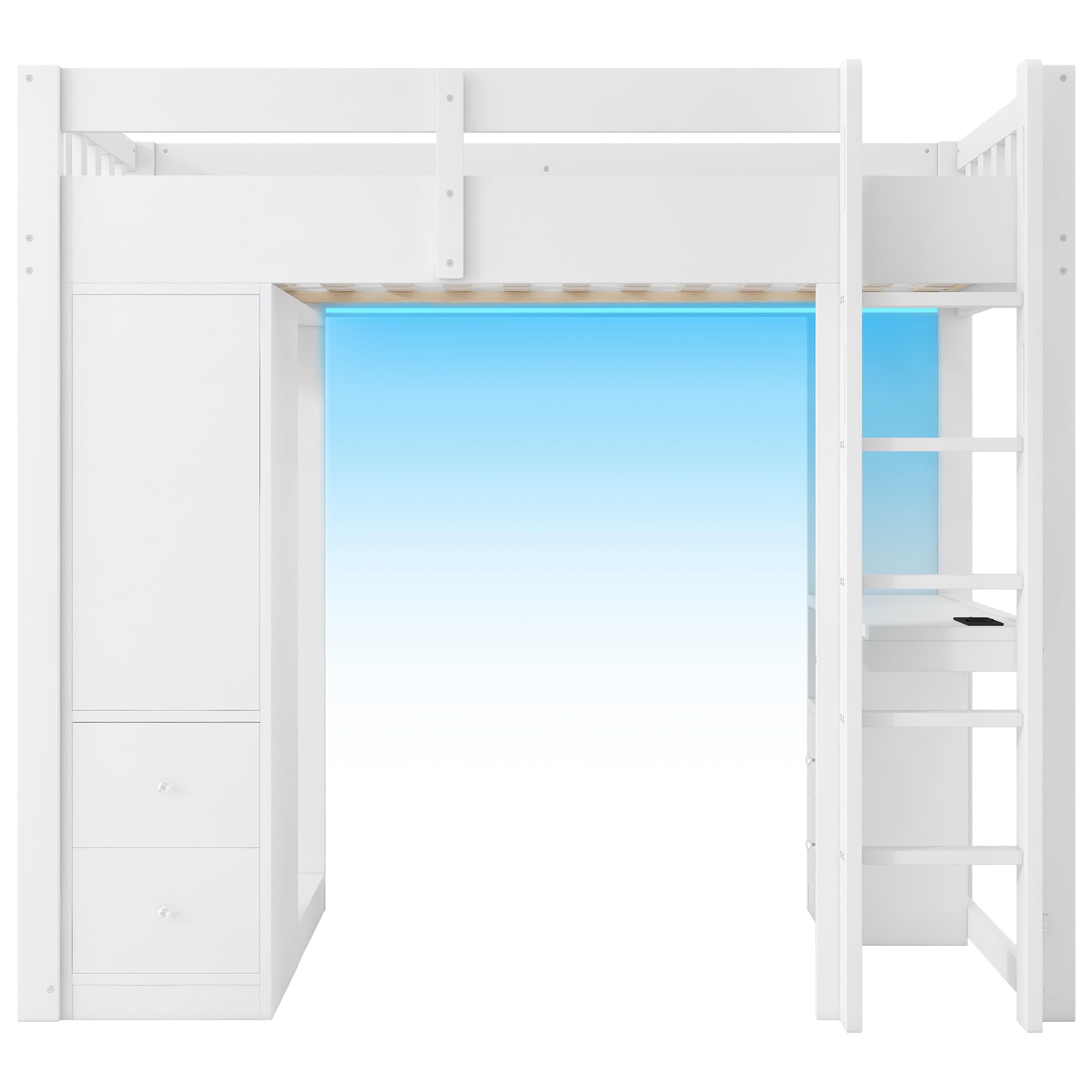 Wiuzo Cama alta de 90 x 200 cm, con 4 cajones y 1 armario de almacenamiento, escritorio bajo la cama, armario abierto, luz LED y USB, color blanco