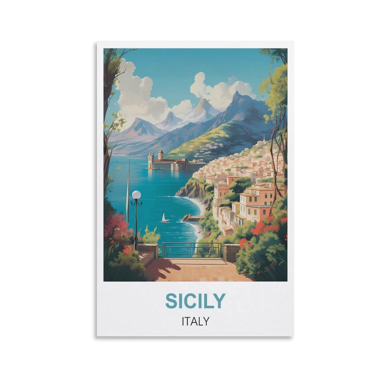 Wgmdoee Unframe-Style Sicily Italy Vintage Travel Poster 16X24inch(40X60cm) Canvas Poster Living Room Wall Art Home Decor