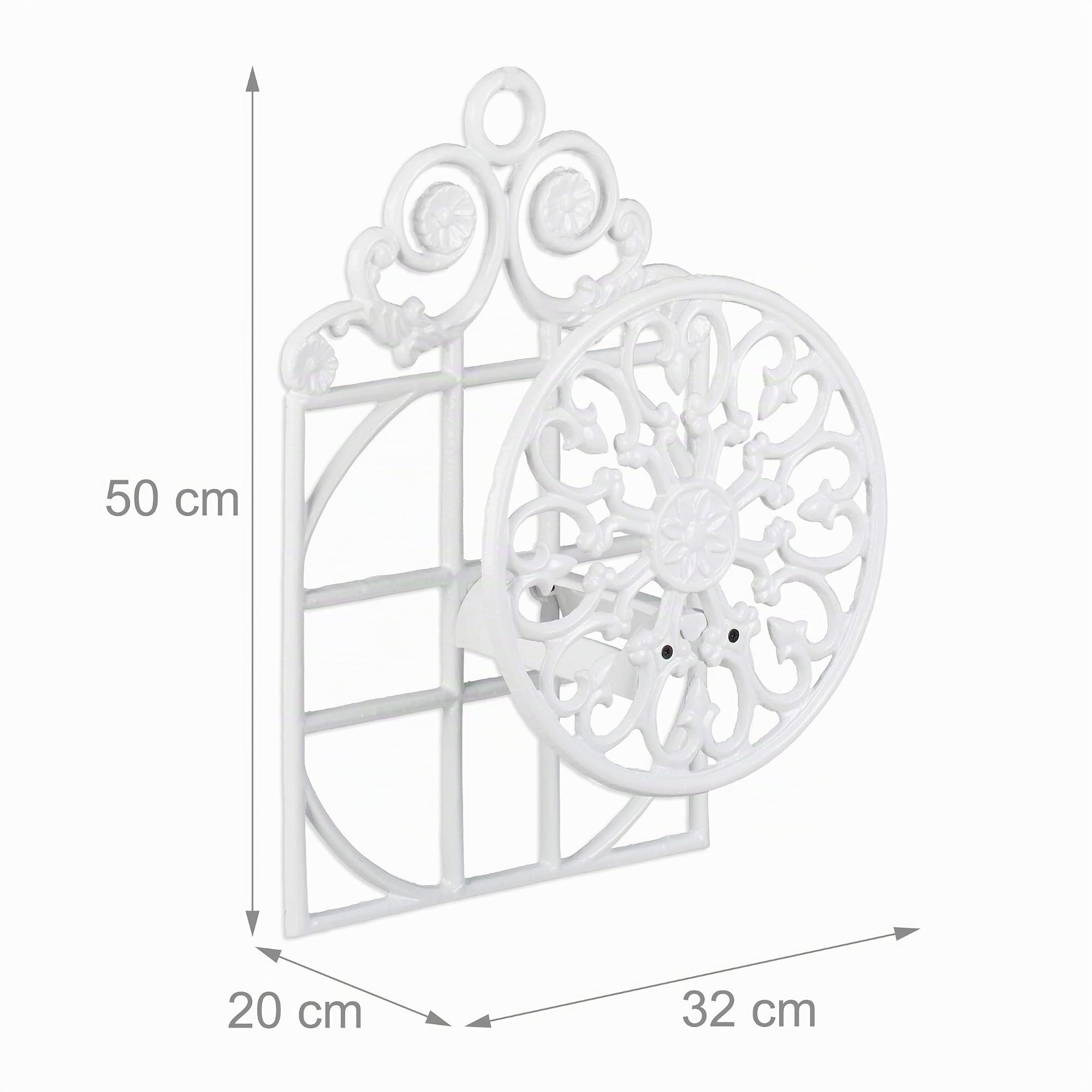 Relaxdays, blanc Porte support tuyau arrosage fonte fer HxlxP: 50 x 32 x 20 cm