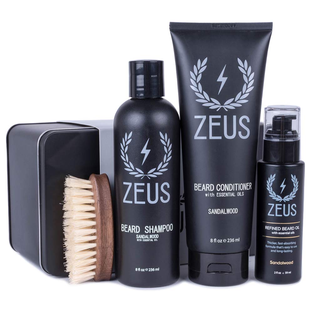 ZEUS 100% Vegan Beard Grooming Set - Vegan Formula Oil, Shampoo, and Conditioner with Natural Plant Fiber Bristle Brush (Sandalwood)