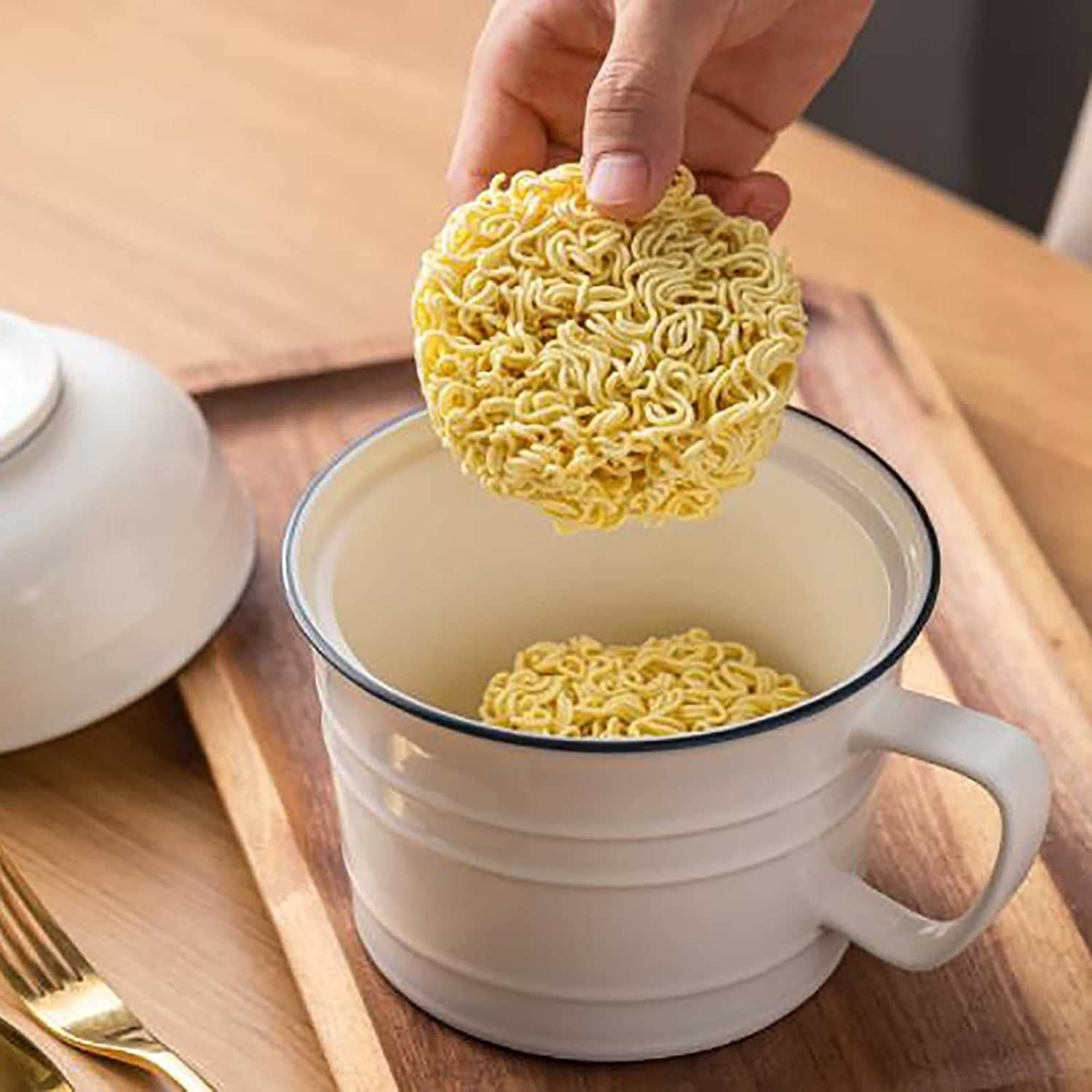 Instant-Nudelsuppenschüssel, Reisbehälterschüssel. Keramiktasse, große Instant-Ramen-Schalen mit Deckel, 900 ml tief, mit Griff, Lunchbox-Geschirr für Studentenwohnheime (Größe: Schüssel-Set)