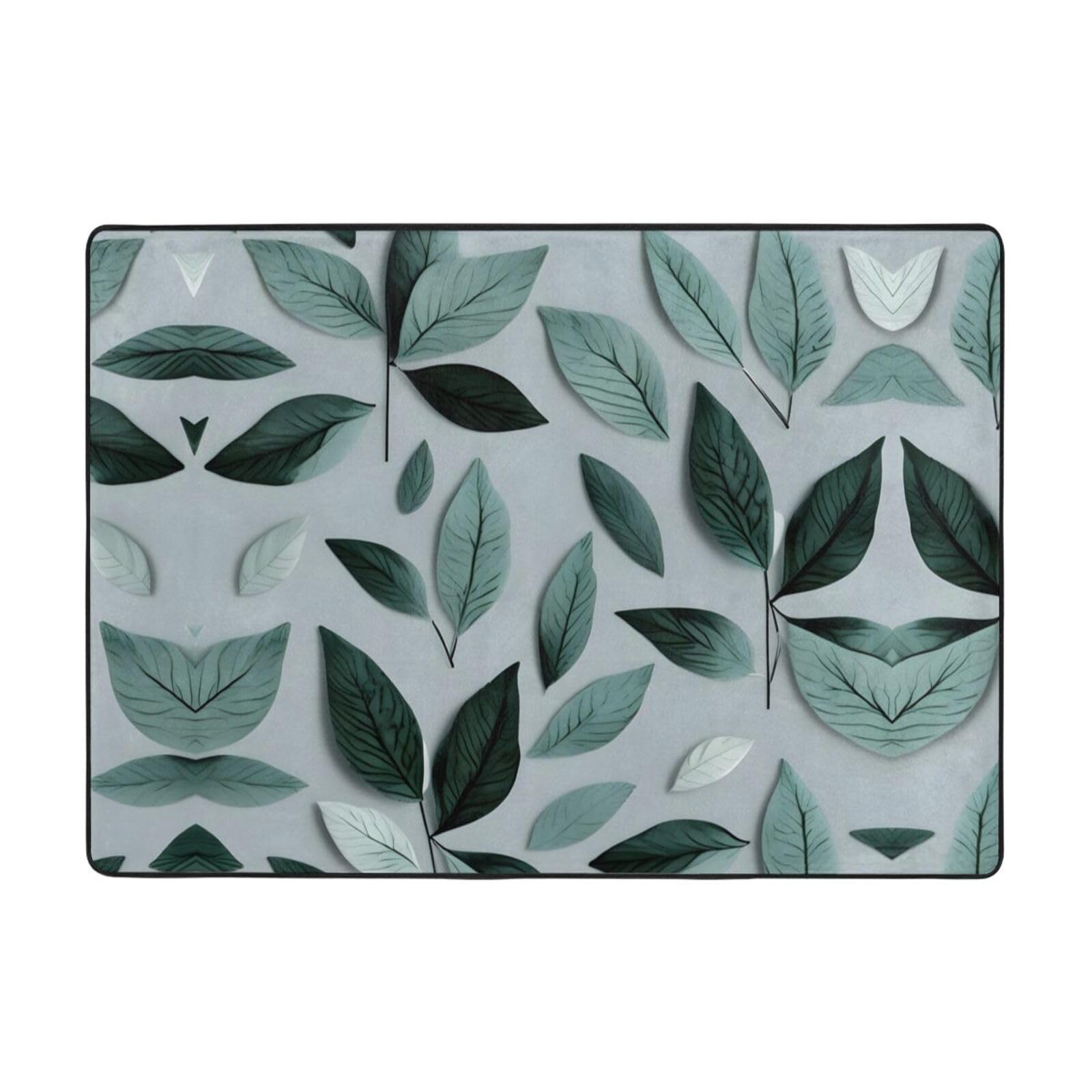 Tapis doux salon chambre feuilles gris menthe grand format 147x203