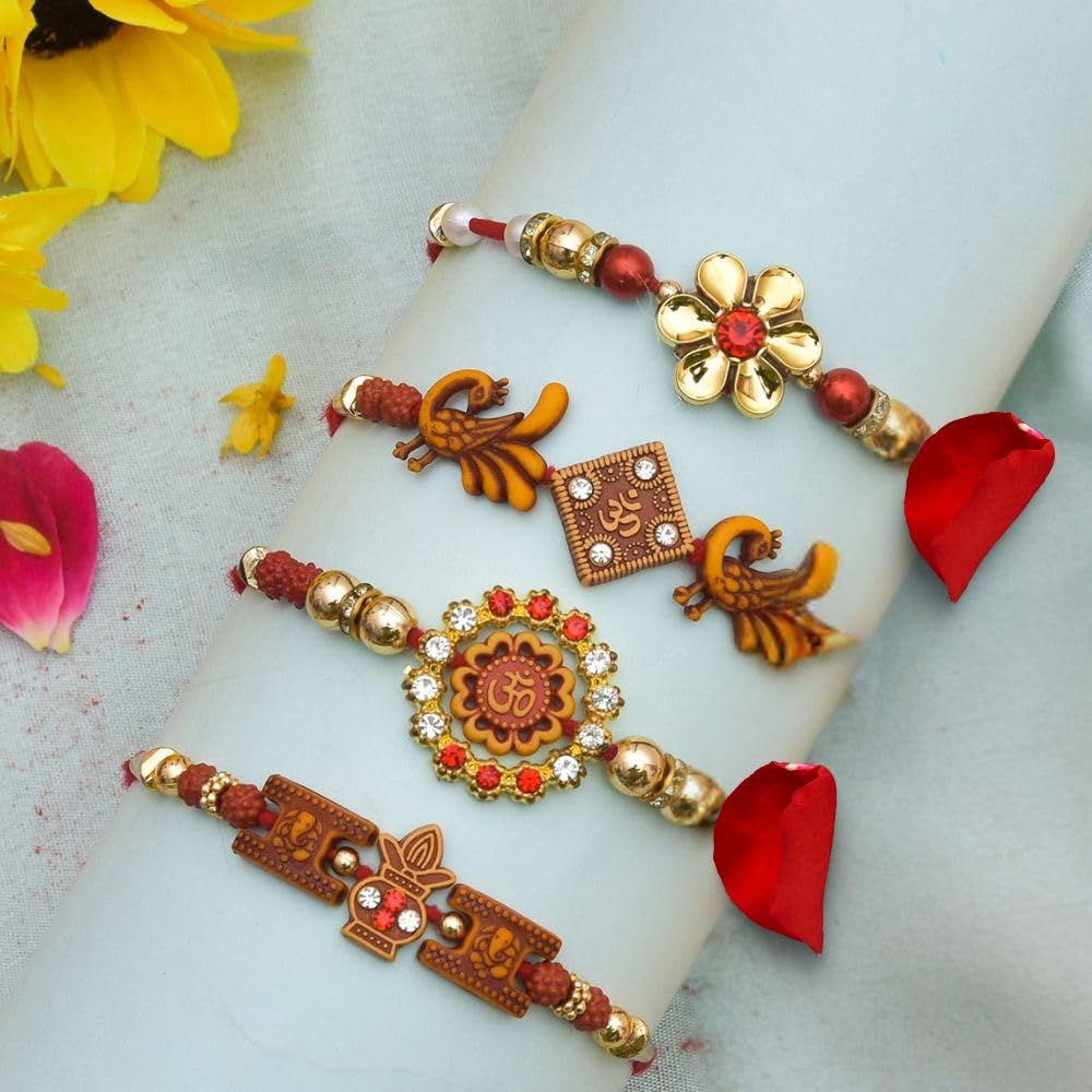 CraftVatika Rakhi for Brother Bhabhi Kids with Gift Combo Rakhi Set of 4 Rakhi with Pooja Thali Gift Set, Designer Rakhi for Bhaiya Bhahi with Pooja Thali Set