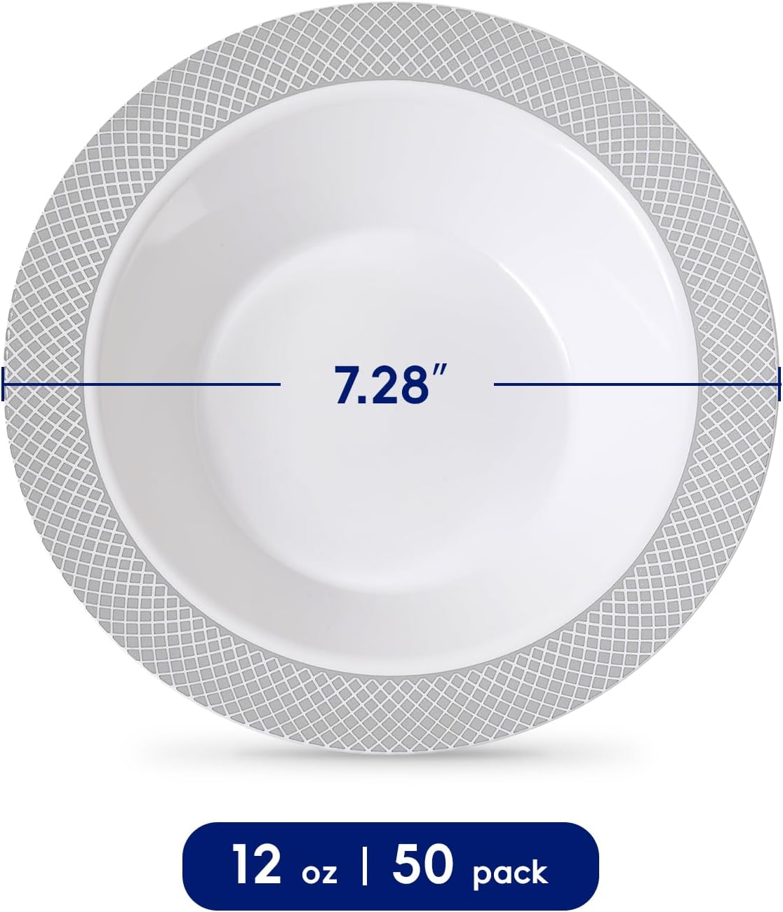JOLLY CHEF 50 Pack Plastic Bowls with Silver Rim, 12 oz Disposable Soup Bowls, Heavy Duty Plastic Dinner Bowl for Weddings, Party, Dinners, Catering, Christmas and Everyday Use